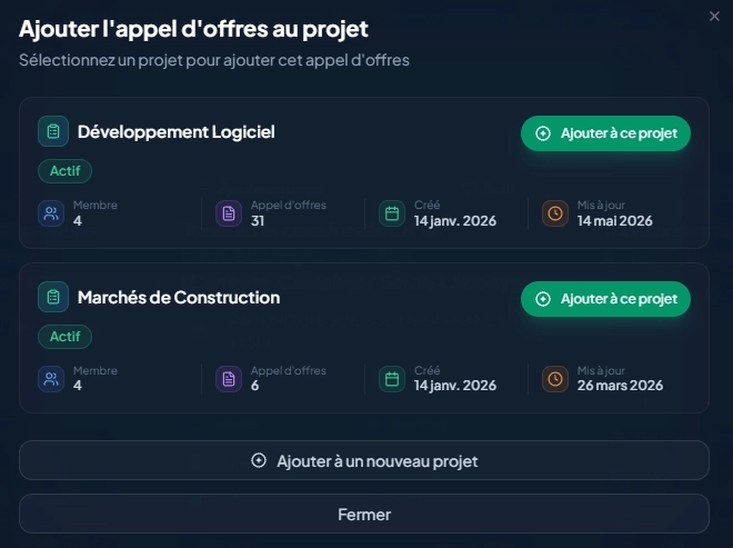 Bouton « Ajouter au projet » & modale de sélection du projet