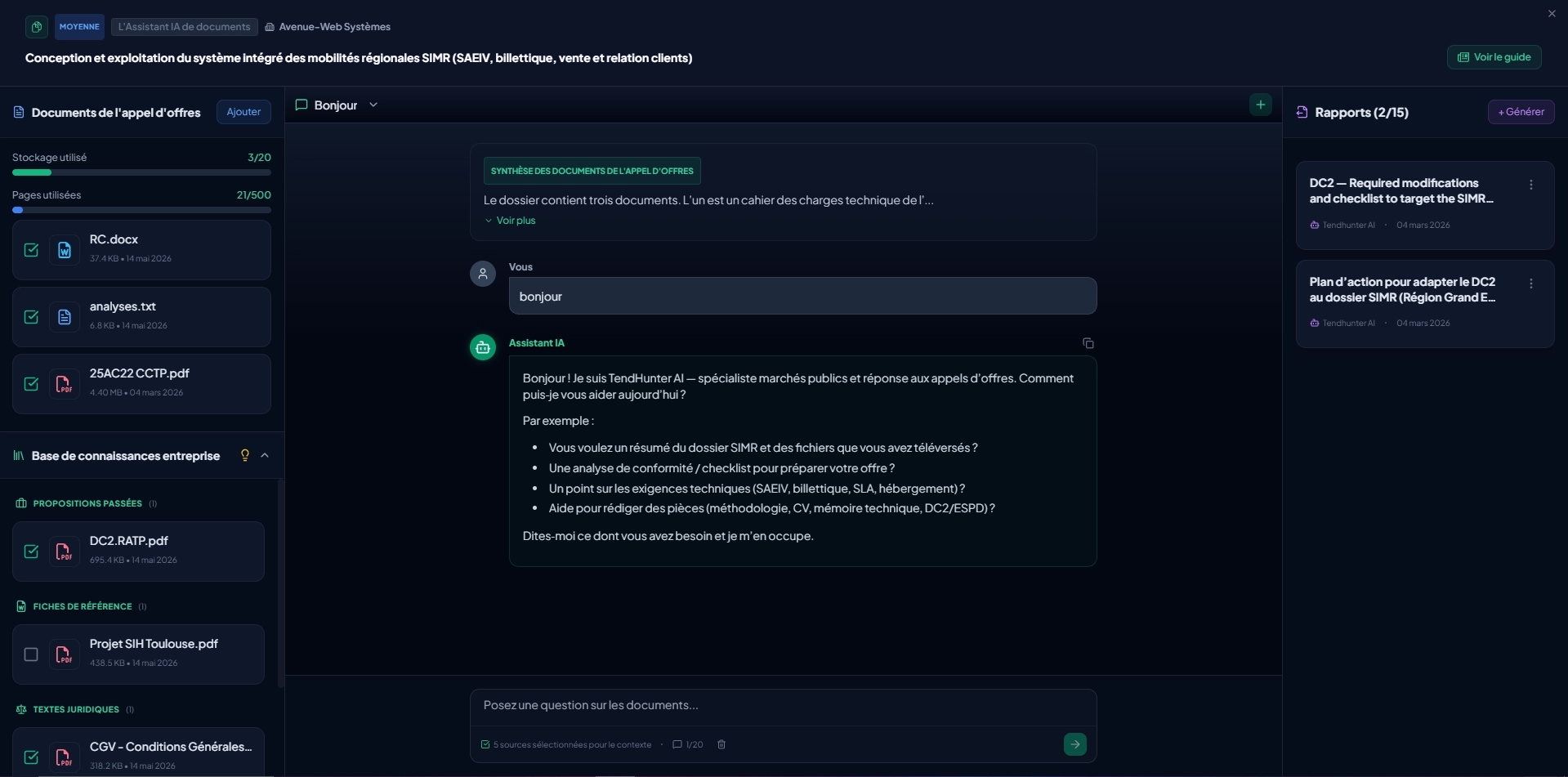 Assistant IA de Documents — interface 3 panneaux