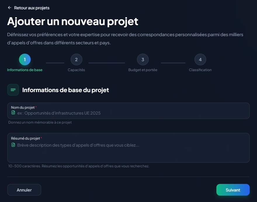 Formulaire de création de projet — profil entreprise, CPV & suggestions IA