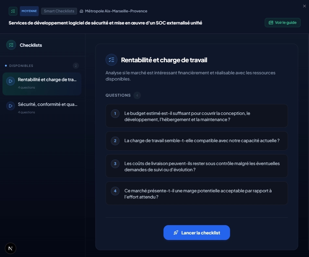 Lancement d'une checklist sur un appel d'offres depuis le Tableau de Suivi