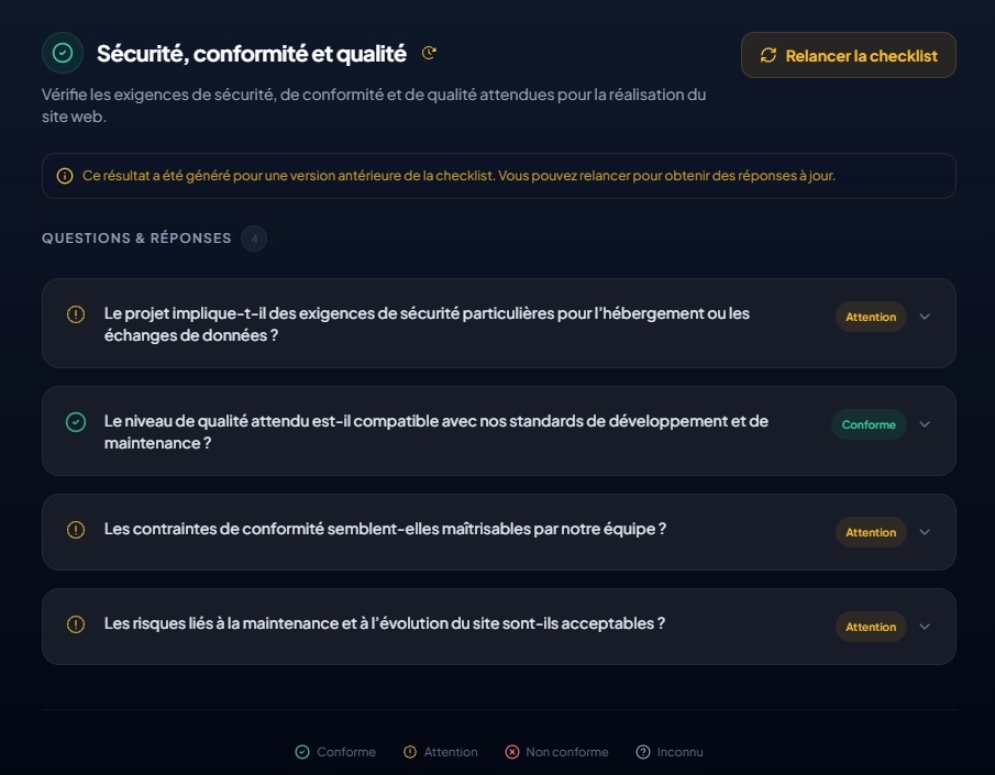 Indicateur de résultats obsolètes après modification d'une Smart Checklist