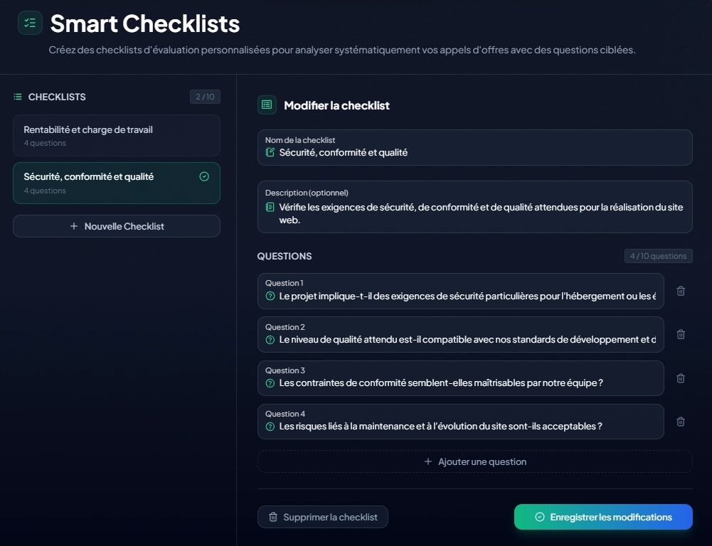 Aperçu d'une checklist au niveau projet — exemples de noms et de questions