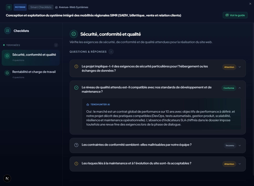 Exemple de résultats d'une Smart Checklist avec statuts par question