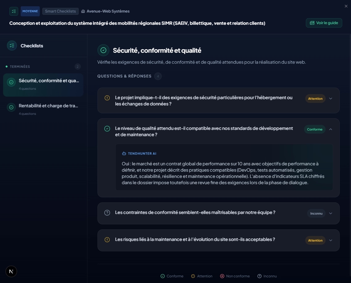 Smart Checklist exécutée par l'IA — statuts par question