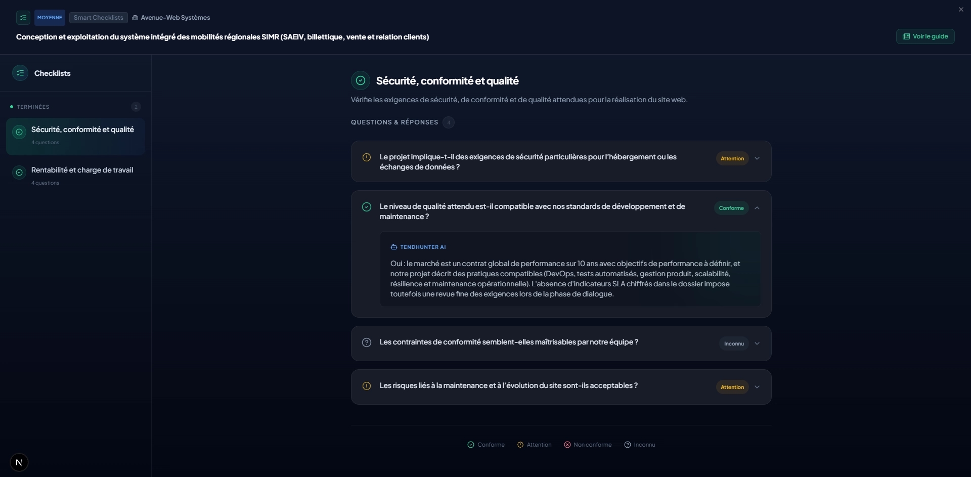 Exemple de résultat d'une Smart Checklist dans TendHunter