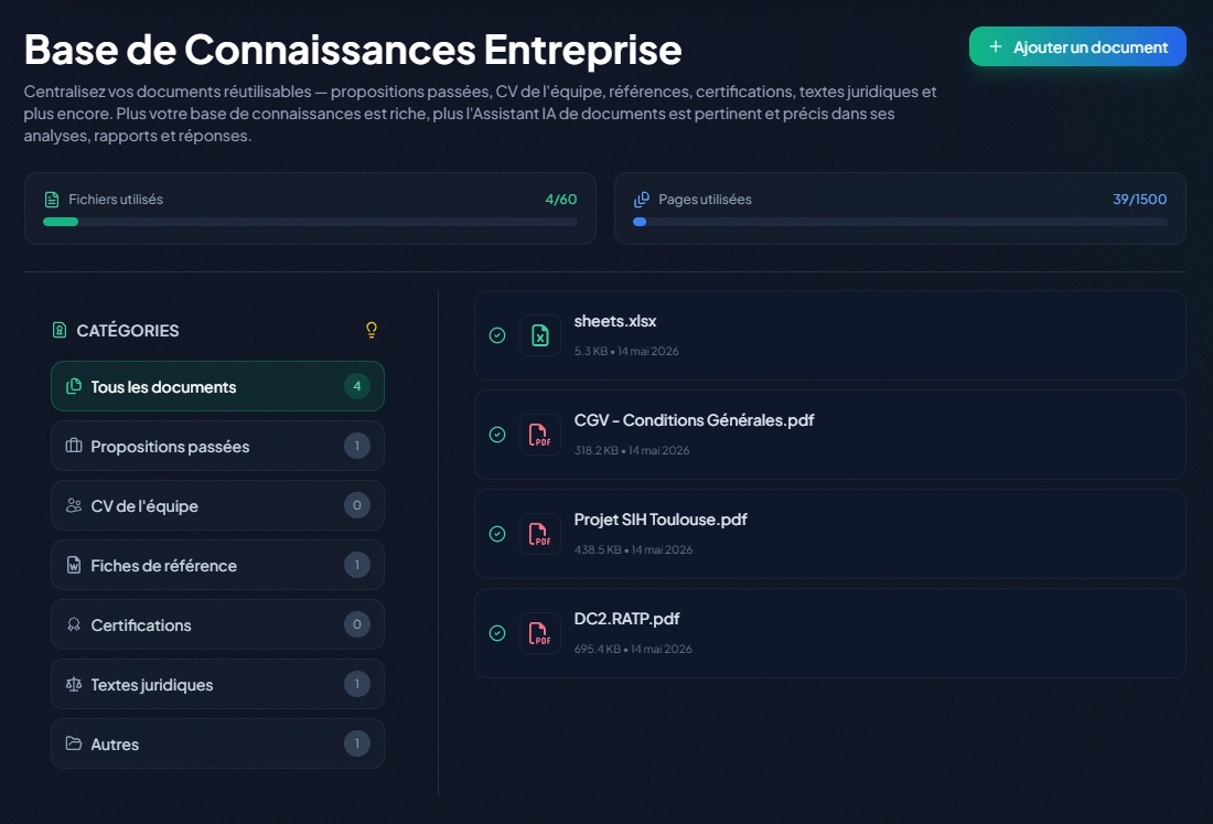 La Base de Connaissances Entreprise dans les paramètres de TendHunter