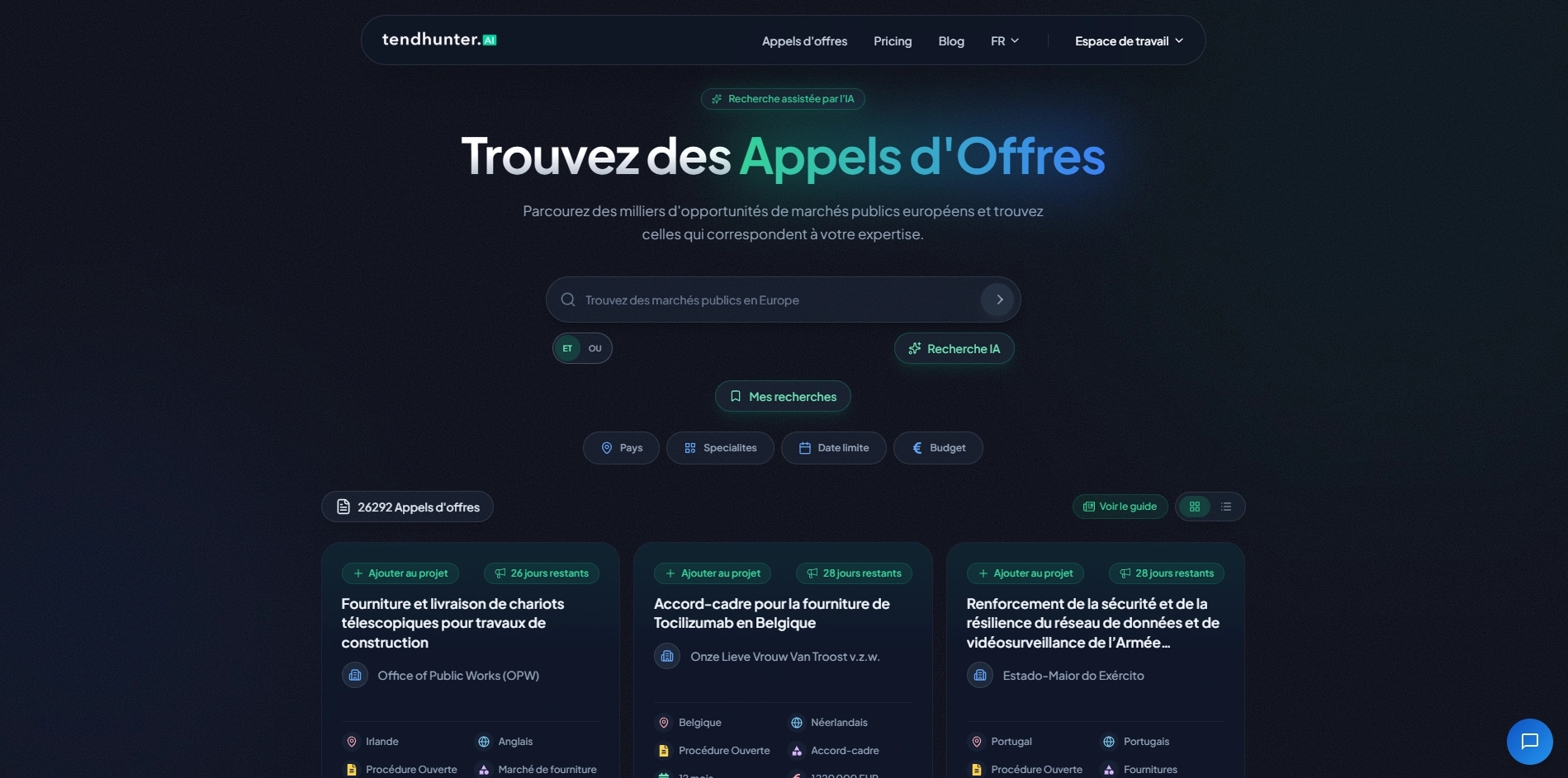 Page de recherche d'appels d'offres de TendHunter