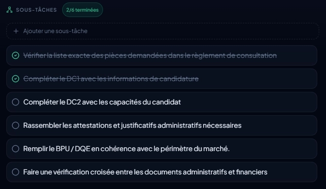 Sous-tâches d'une tâche d'appel d'offres